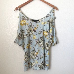 AmangNY Caged Cold Shoulder Floral Blouse Top